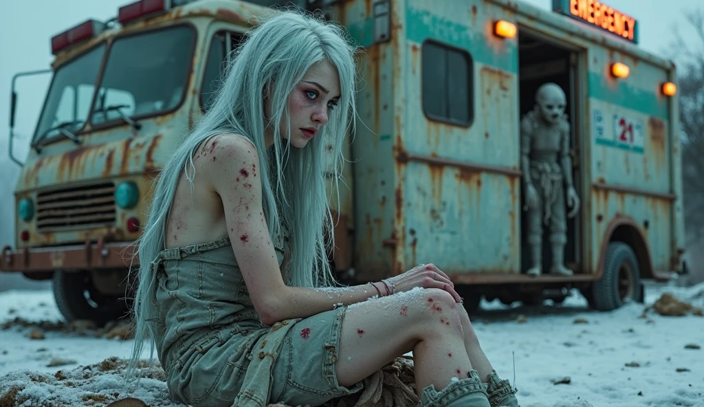 Albino girl with long, wavy hair, zombie apocalypse survival clothing