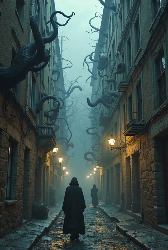 A mysterious man walks on a broken street and is watched by many monsters in the dark of night