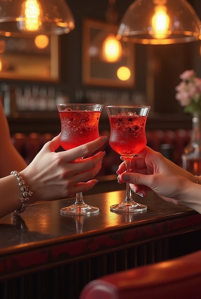 Hand with a cocktail, realistic, skin texture, photography, pink cocktail, ice cubes , small glass, red nails , Nail polish, perfect hand, realistic hand , club view.