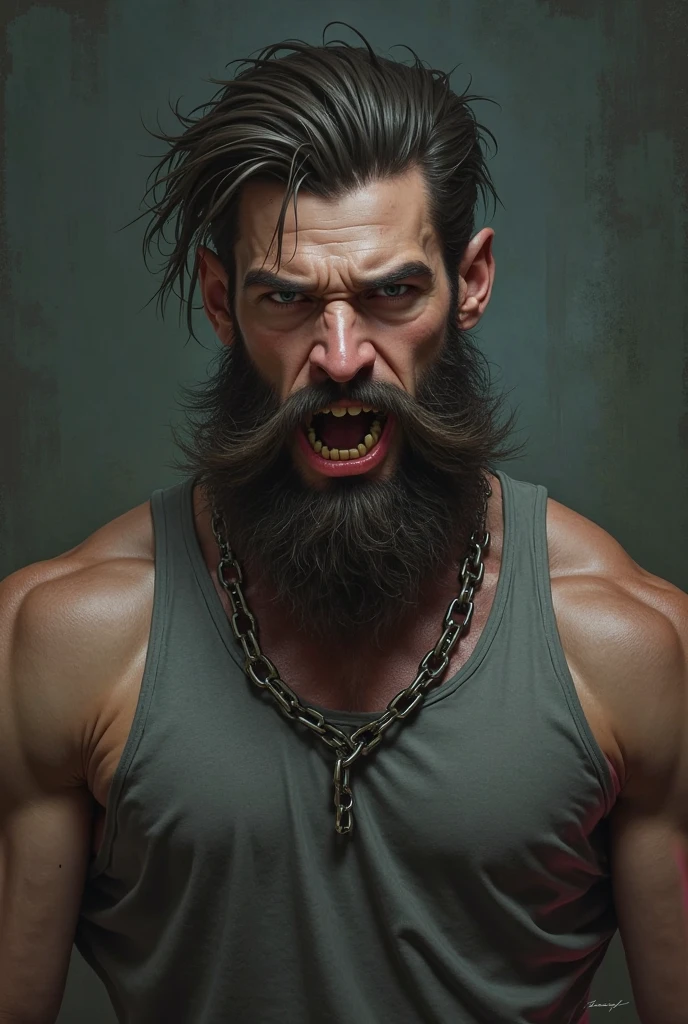Bloody and screaming muscle god green eyes long hair beard