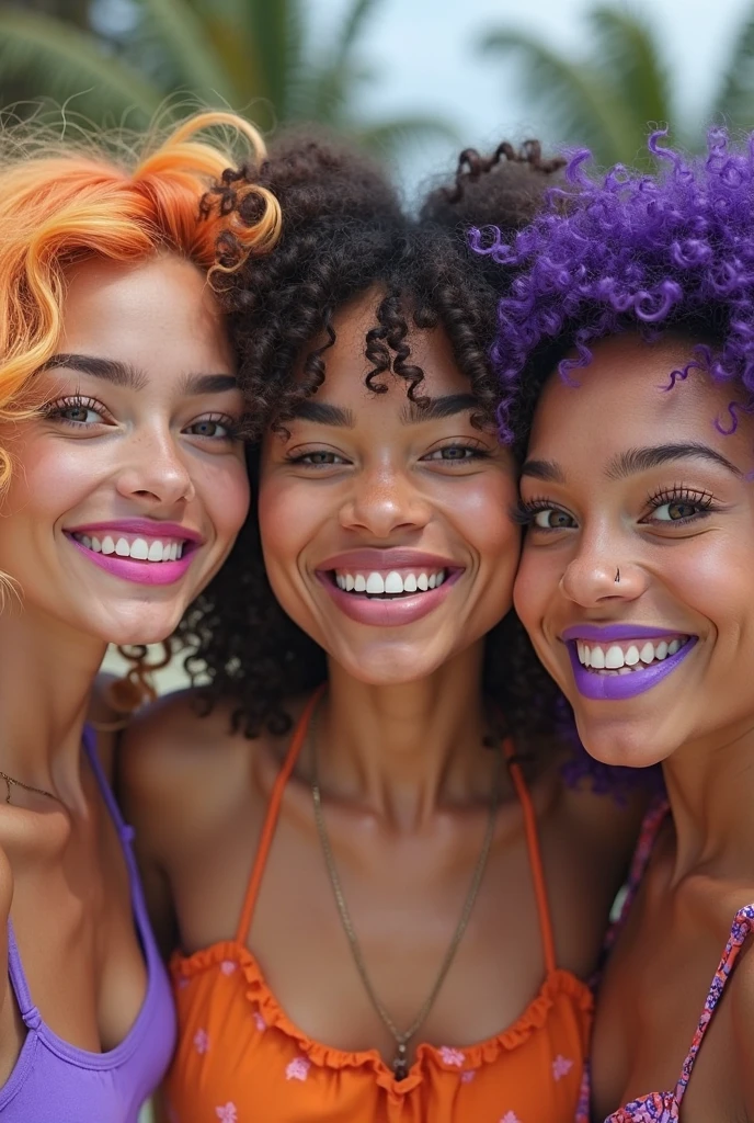 three women sitting on couch with pillows talking to each other, realistic artstyle, (the white-skinned caucasian blonde girl wearing a clown rainbow colored afro wig,) in the center is nude (she is excited, sexually aroused, and ecstatic), she thinks it is funny, the girls off center are big bone black skinned african girls with big afro hairstyle, one of the girls is wearing a clown nose, the other african woman is wearing clown white-face, casual pose, realistic style, black-skinned hands on white-skinned legs, official fanart, realism artstyle, hyperrealistic teen, high quality fanart, background artwork, calmly conversing 8k, realistic art style, relaxed poses, 3 young and beautiful women, detailed realistic expressions, realistic picture a black skinnd braid girl