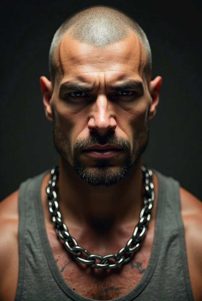 muscular bald man, shirtless, oiled skin, intense expression, dramatic lighting, hyper-realistic, 8k, cinematic composition, dramatic pose, chiaroscuro lighting, dark moody atmosphere, powerful, masculine, dramatic shadows, warm color tones, photorealistic, bondage, cum, ruined,