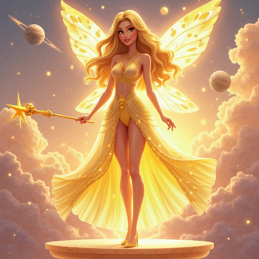 "Imagine a magical scene: Blonde Elegant Pixie, Bright blue eyes and a mysterious aura.Huge breasts, Showing cleavage,Perfect body,Her graceful figure, Slim waist,Curve symmetry, She was wearing a delicate baby doll dress,The skirt flows freely on her body, Capturing the essence of femininity and fantasy. On your back, Beautiful transparent wings spread out, Reflecting sunlight,Become an ethereal work of art. Holding a bow and arrow, She is fragile,It is also strength, Elegant and clever. This magical sight transports us to a magical realm where beauty and adventure blend together, The spirits are the essence of nature in its most charming form."