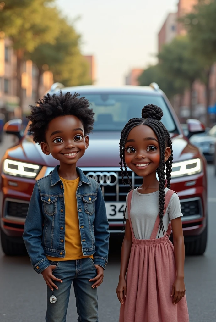 Tall thin girl with white sweatshirt and bell bottom pants Adidas tennis shoes with reading glasses watch in hand to a pair of chubby 2 year old boy with blond blue eyes to a pair of a tall man with straight hair Adidas shoes Adidas shirt in the background a white sedan car