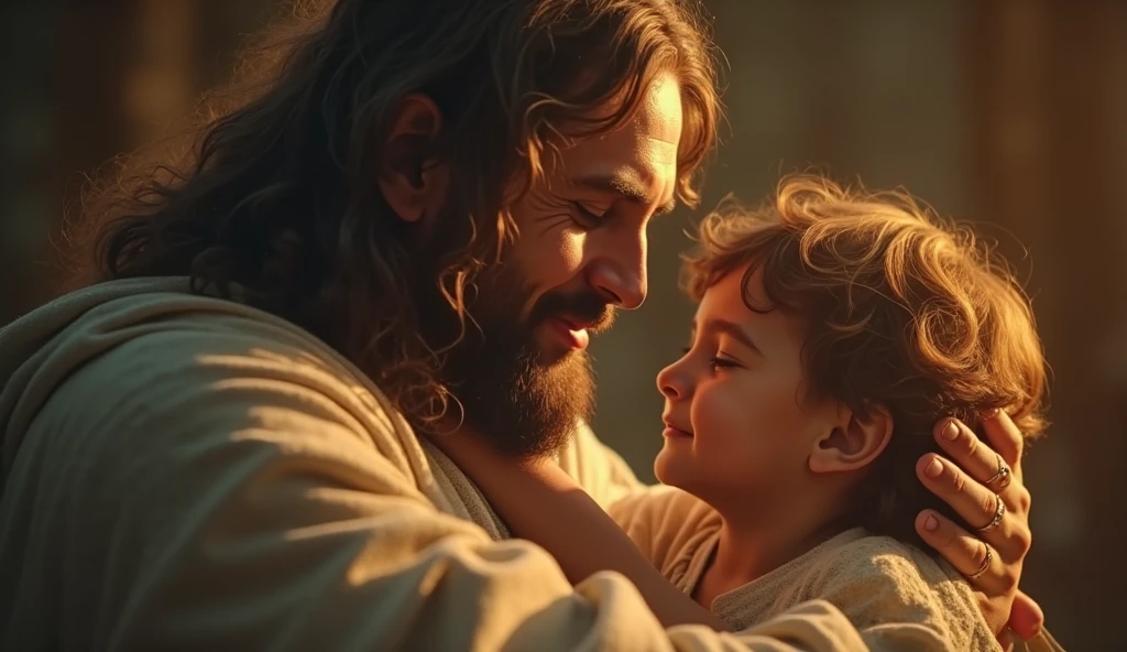 Jesus hugging a in middlle apocalyptic sand, dust and smoke setting, surrounded by smoke and debris, emotional, cinematic lighting, highly detailed, dramatic atmosphere, depth of field, masterpiece digital painting by Greg Rutkowski and Artgerm, 4k resolution, highly expressive faces.