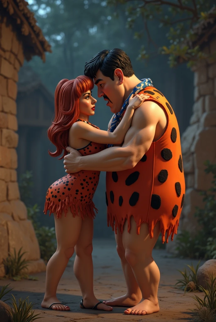 (Daphne Blake (human) bikini) full body, kissing (Scooby Doo, Great Dane dog) on a deserted beach
