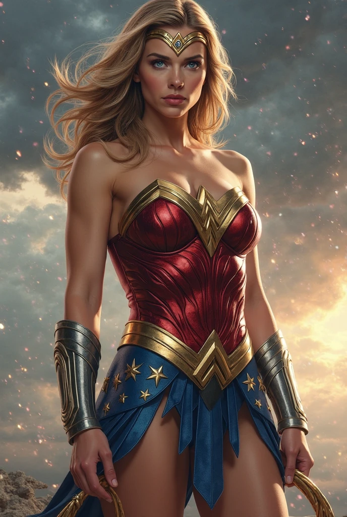 full body superheroine Laura Marano as Wonder Girl blonde long wavy hair blue eyes red mouth tall muscular body big round breasts broad shoulders blue metallic shiny tight leather pants, blue metallic shiny short plunging sleeveless tops blue boots dress hero pose even a terrifying night in a ruined Gothic cathedral, a semi-dark plume of light octane render photorealistic