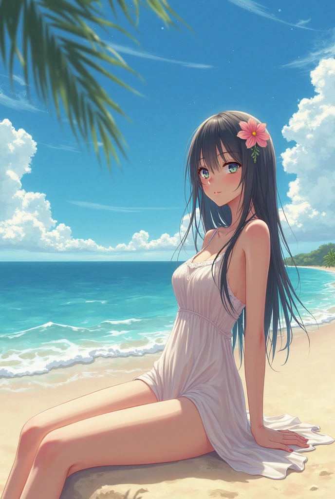 (Optimal lighting, The best shadow, masterpiece, high quality), rich and colorful, Lively, Summer feeling, Many bright colors, Beautiful woman in light summer clothes, Loose hair, Sitting in the clear sea water、White sand beach, Bright blue sky.