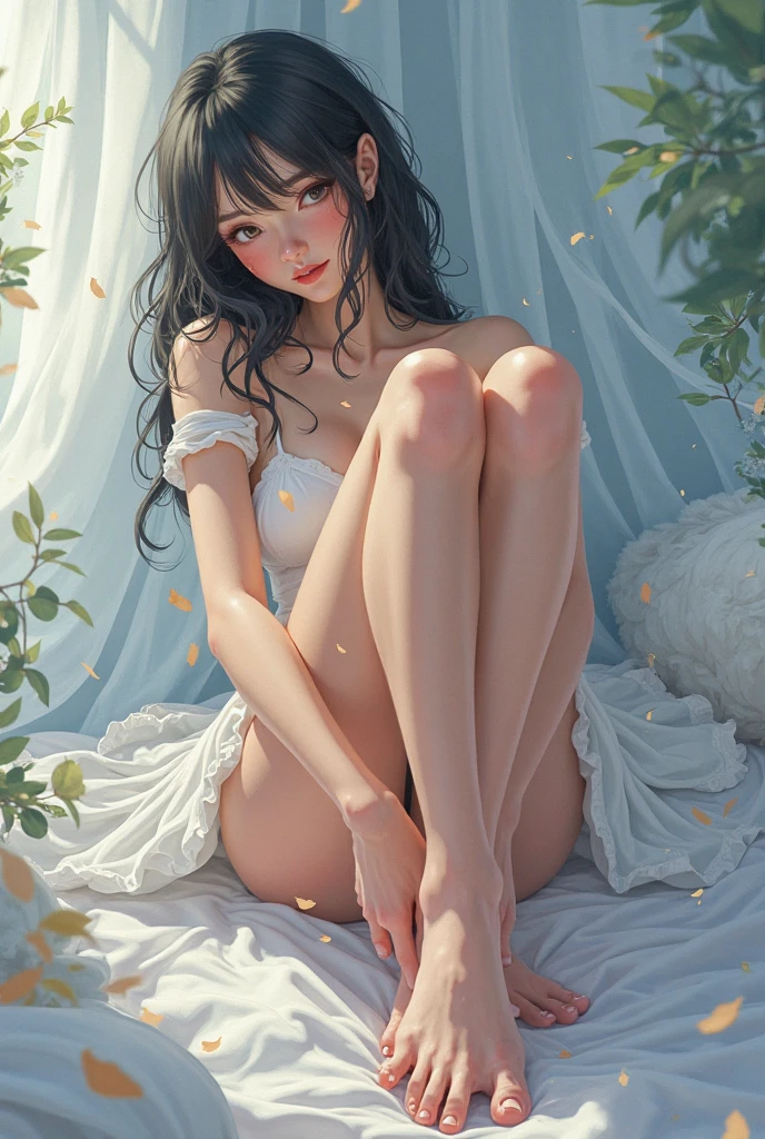 Girl lying on the floor with legs crossed, seductive girl, beautiful seductive anime girl, beautiful girl squatting anime CG art, ecchi, beautiful seductive woman, attractive girl, beautiful girl, ecchi anime style, relaxed posture, fair skin, lace transparent pink underwear, pure white panties, crop navel, off-the-shoulder pure pink underwear, big breasts, fine face, HD, flushed face, fine head, fine hair, broken, fine body, streamlined S-shaped body, bulging, cherry small mouth, delicate face, slender legs, looming body, bare below the chest, slender waist, crying eyes with tears, tears running down the sides of the cheeks, coordinated figure, small ass