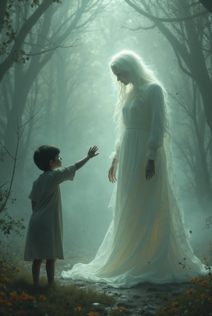 The only boys connects with the ghost, understanding her profound grief. The ghost silently conveys her sorrow through the melancholic melody, and the traveler promises to share her story with the world.