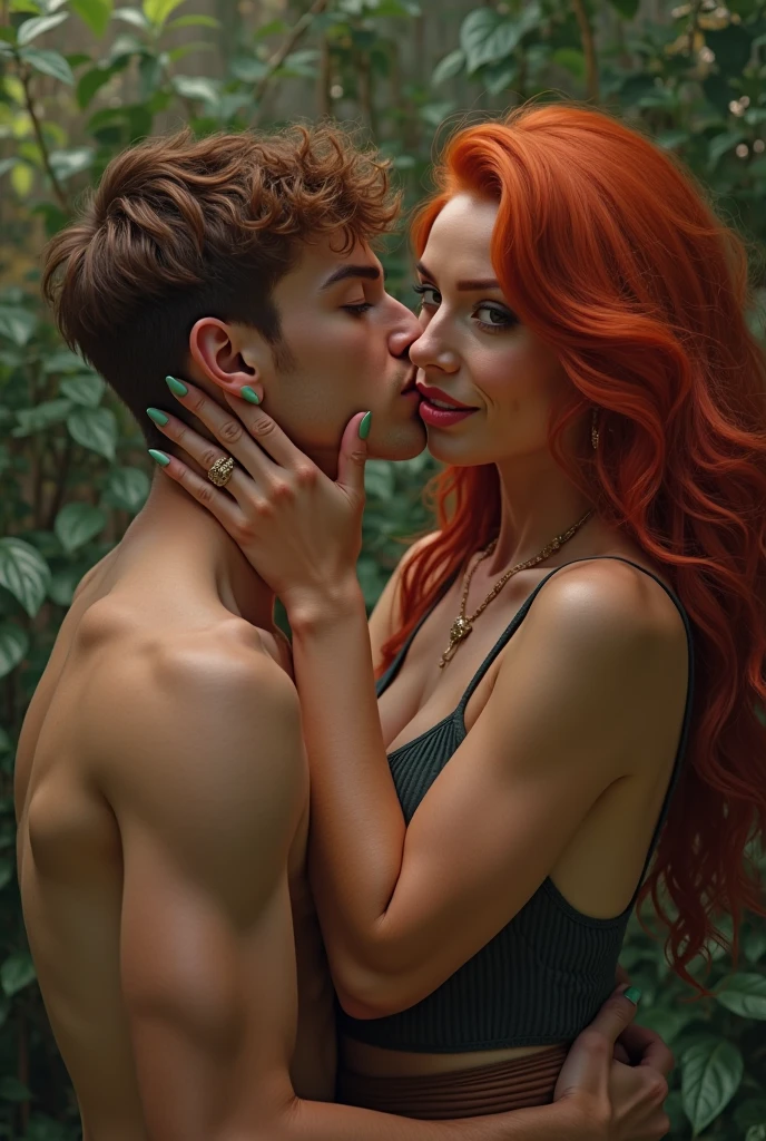 Naked redhead girl kneels in the forest and sucks a man's cock