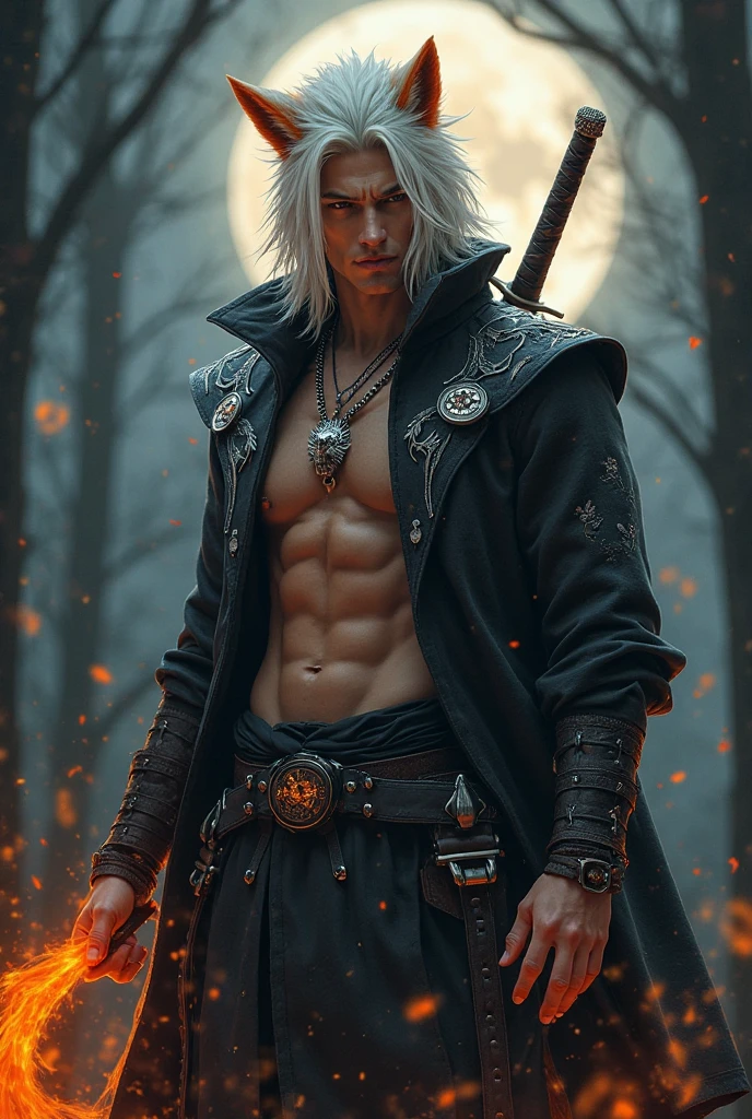 Male age 35, asian, white hair visual kei, wisdom sight, white armor, armor white tiger desing, a belt with red ying yang, green soldier leather matrix gabardine, chains around the belt, leather boots with chain pins, cyberpunk japanese style, athletic strongest, magic powers, action, black cat nails, crazy pose, dark night backgroud