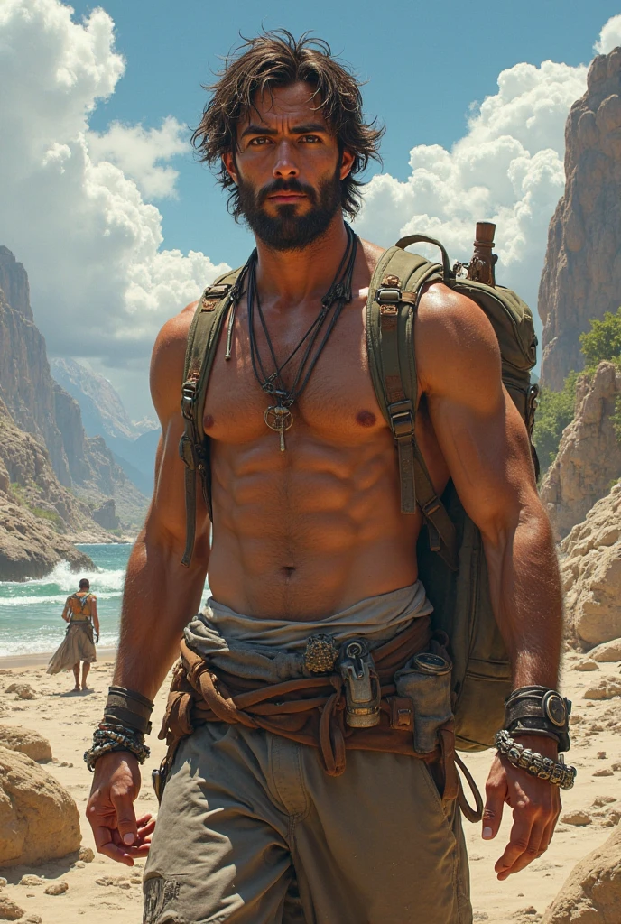 A young handsome skinny man with no shirt standing in the desert with many horses running behind him 