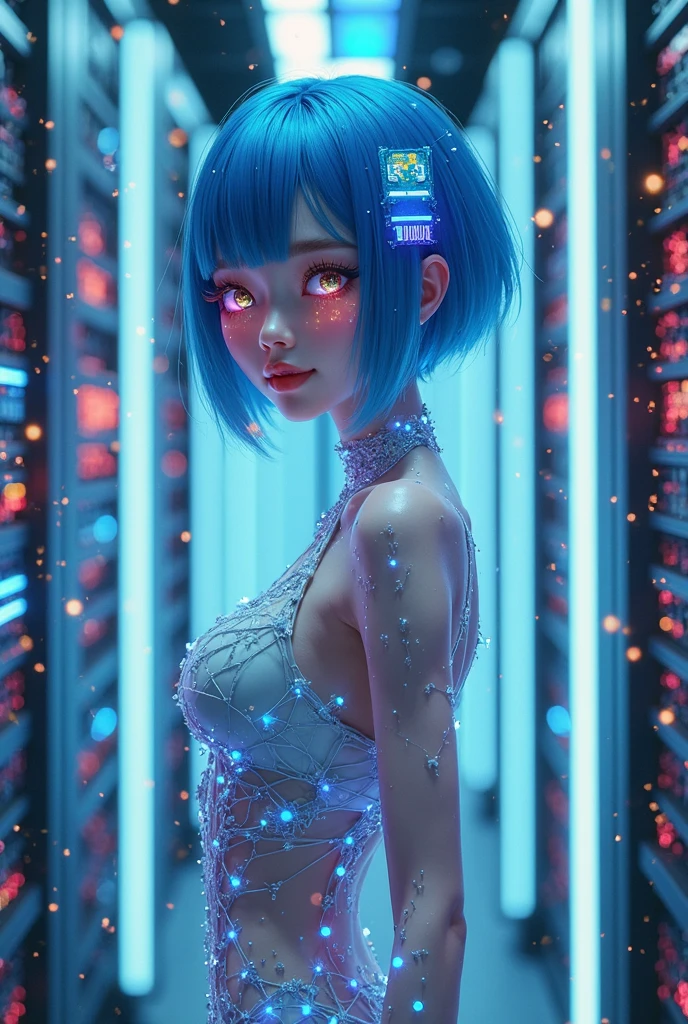 ((Best Quality)), ((Masterpiece)), ((Real), Portrait
1 girl, celestial body, god, goddess, light particles, halo, looking viewer, resolute eyes, bare shoulders, tube top, expressionless,
(Bioluminescence: 0.95) marine, bioluminescence, vivid, colorful, color, (sparkling, glowing), blue hair.
(beautiful composition), cinematic lighting, complex, (symmetry: 0.5), whimsical,