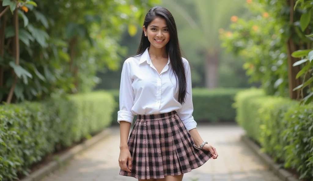 (realistic, perfect, photograph), a 20 years old Assamese girl wearing skirts showing thigh and panty , turn front side, free hand show, little smile