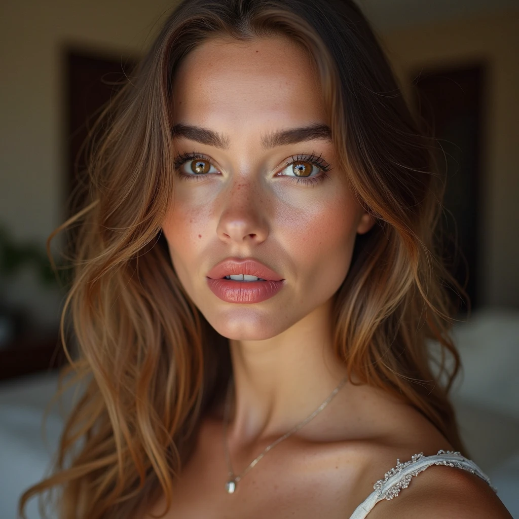 Design a hyper-realistic portrait of a woman with long, flowing brown hair, blue eyes, happy face, frontal face closeup