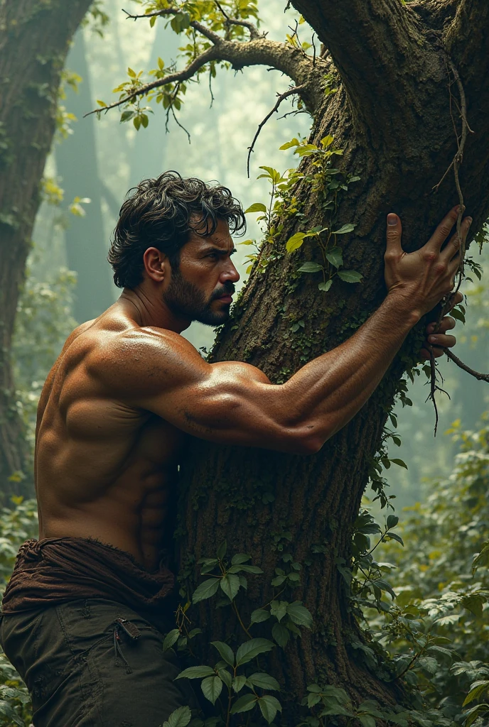 sickpack man with an eagle in the forest as a background