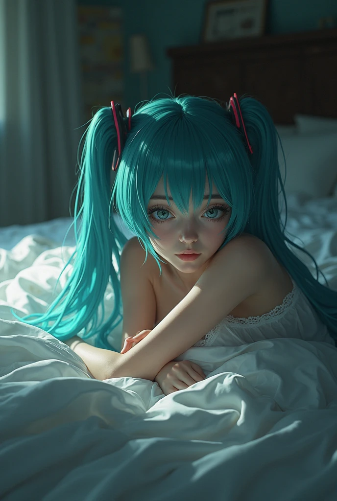 Hatsune Miku lying on a bed in her underwear