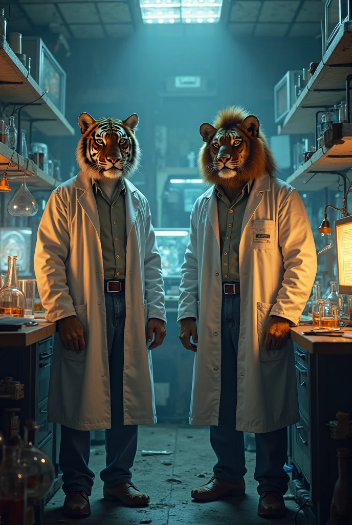a tiger and a lion in a scientist's coat in a dark laboratory, the blue light of the computers allows us to see a messy laboratory full of experiments