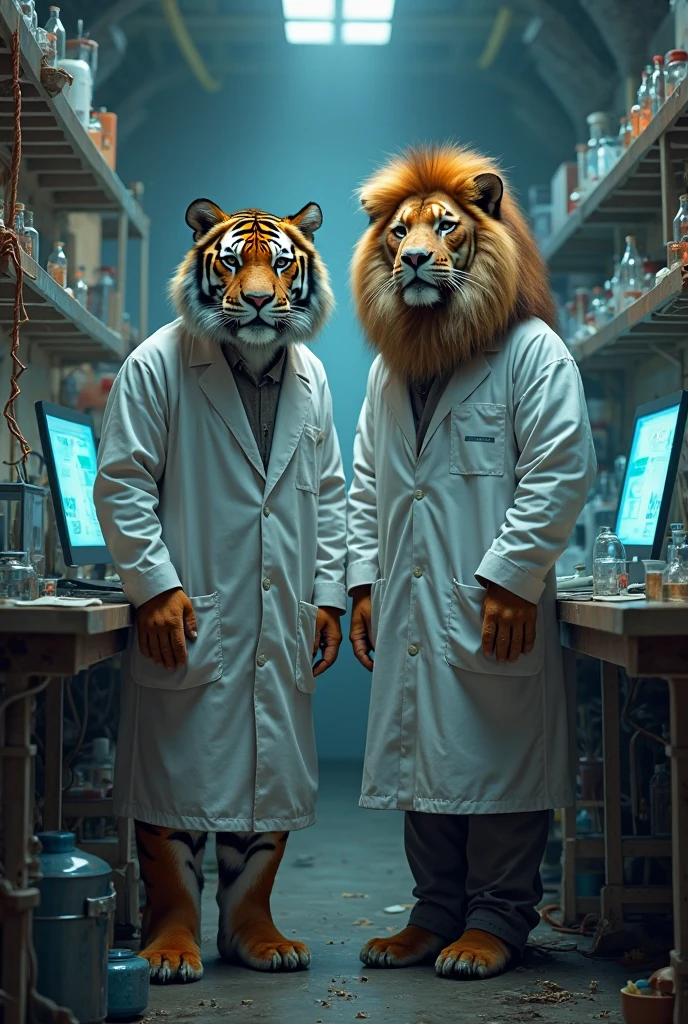 a tiger and a lion in a scientist's coat in a dark laboratory, the blue light of the computers allows us to see a messy laboratory full of experiments