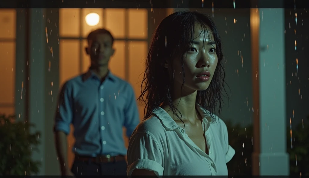"A 17-year-old Korean woman, crying in fear, caught in the rain with wet clothes, wearing a white shirt, being grabbed from behind by a 40-year-old Indonesian man with a creepy smile. The background shows a forest scene with tall trees, realistic."