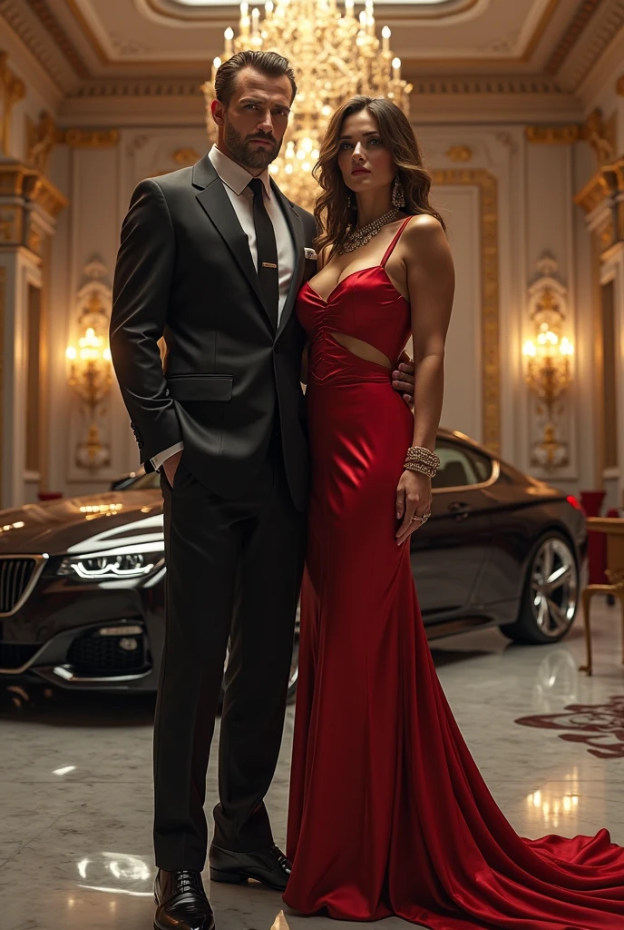 • Bottom: A luxurious mansion with dim lights or a scene from an elegant social event.
	• Main Image: Ayla and Leonardo in a pose that suggests a deep connection, with Ayla perhaps lightly touching Leonardo&#39;s arm or staring at him intently. He in a black suit and she in a sexy red dress • Additional Details: Add details like a luxury car, a gun, fichas de póquer y a gun en el suelo