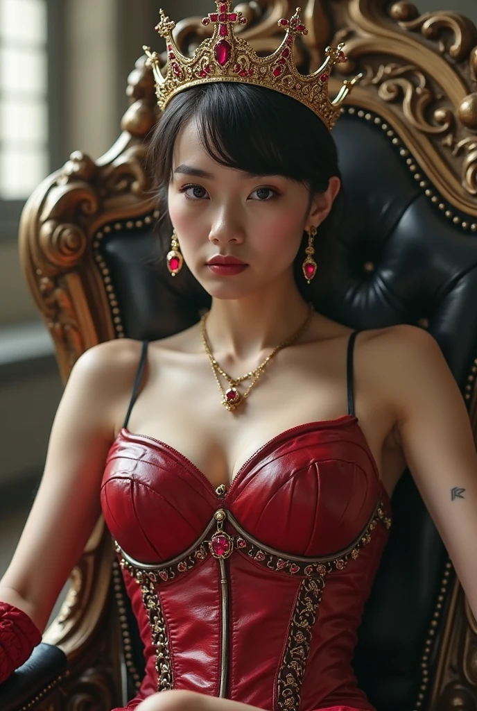 A beautiful hyperreal woman who represents Sailor Moon. Black hair, very big breasts, giant butt, tiny waist. Her face has Japanese anime features. She has long straight black hair down to her waist. Bangs: She has short, blunt bangs that frame her face and curve to the sides. A fiery red latex bodysuit, the foundation of an avant-garde masterpiece, hugs the model's curves. A cascading train, embroidered with flamenco-inspired patterns, adds a touch of Spanish flair. Bold obsidian earrings with ruby strands frame her face, echoing the dress's drama. A single ruby cuff adorns her wrist. Flawless skin complements bold makeup: graphic eyeliner, shimmering eyeshadow, and crimson red lips match the dress. The surreal runway, bathed in red light, accentuates the model's audacious confidence.