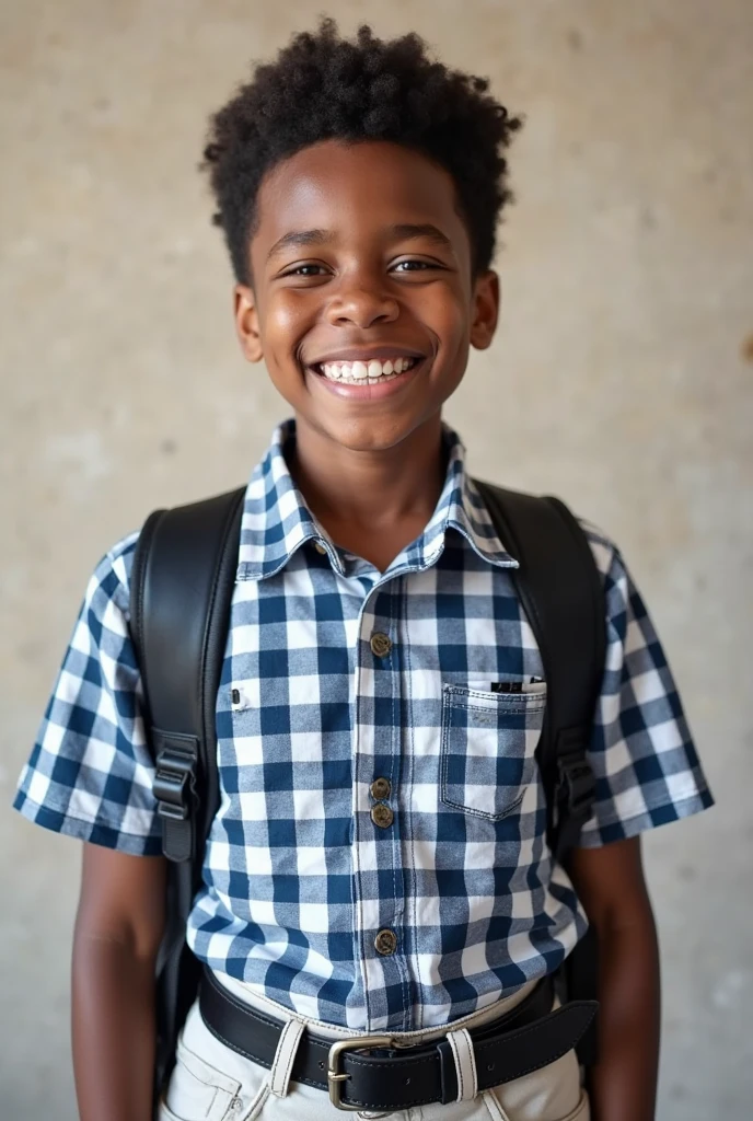 ((highest quallity)), ((photo realist)). a Brazilian mulatto child, 12 year old, in position "from cowboy shot", looking at the camera, holding school notebook, with a white t-shirt, blue background, advertising photo