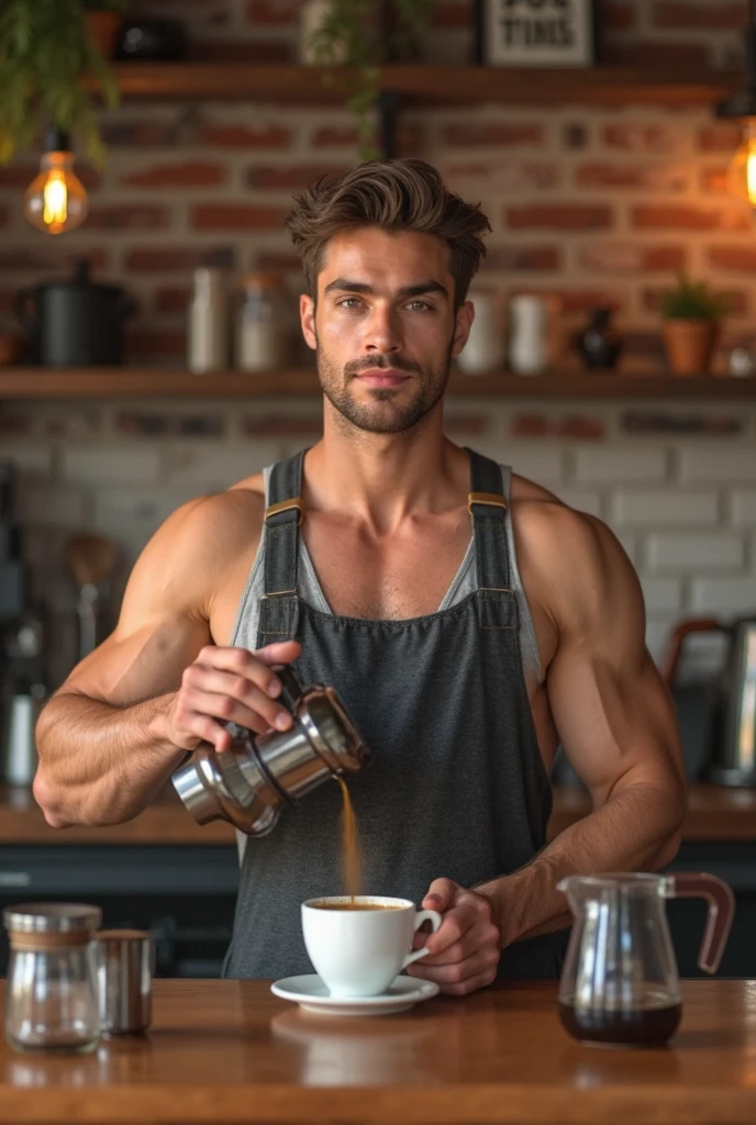 photorealistic, best quality, masterpiece, extremely detailed, very sexy, very homoerotic, extremely handsome, 30 year old muscular filipino man, (muscular bodybuilder), wearing only apron, holds out steaming cup of coffee towards camera, smiling, in kitchen, extremely romantic atmosphere, perfect face, perfect fingers, perfect hands, perfection