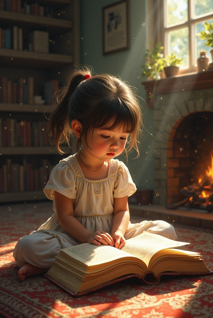 A small girl reading harry potter book