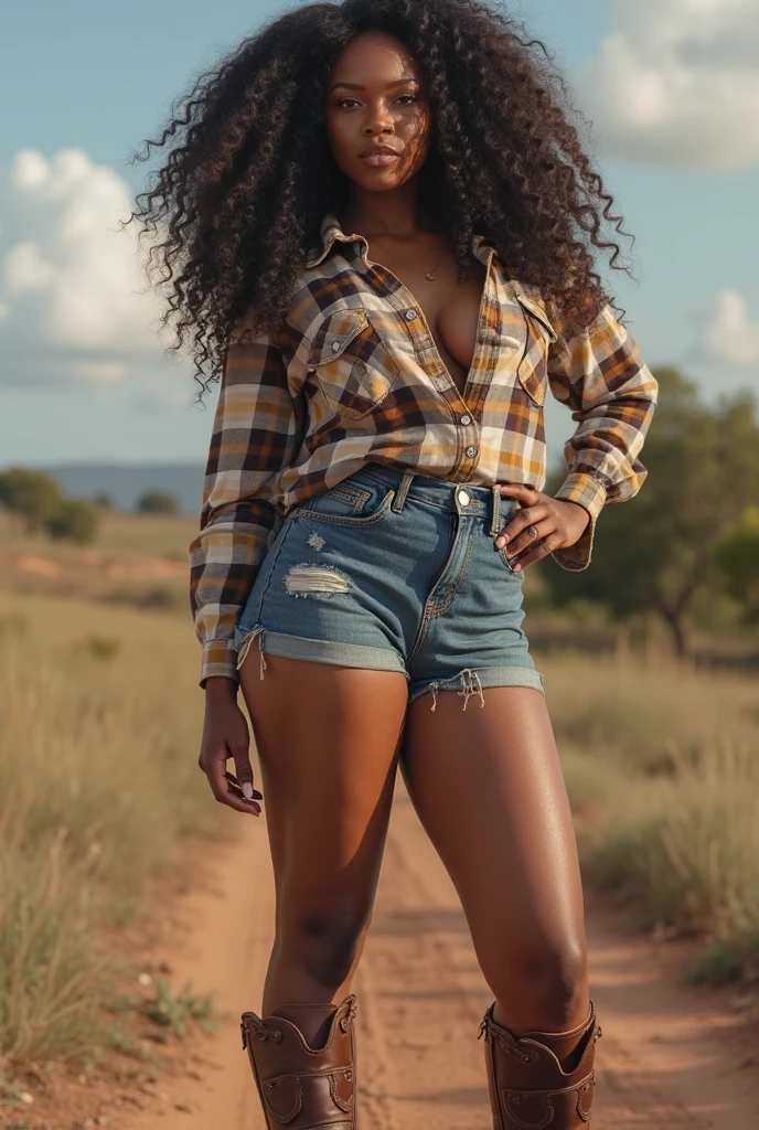 ebony beauty with short straight black hair. Penetrating brown eyes should be the focal point. She is wearing a red flannel shirt and denim jeans, In the background, a wheat field is shown, a heavenly and luxurious place, 8k, perfect photo, dark skin, chocolate skin, beautiful green eyes. impeccable image of high quality and creativity, RAW colors, balanced lights