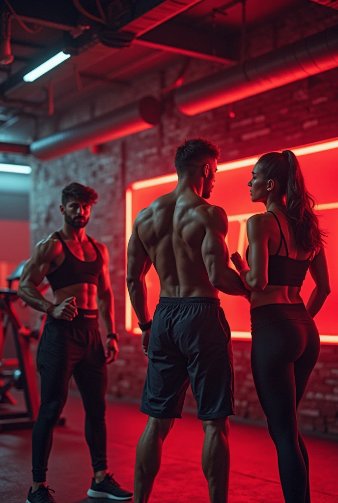 Art in reddish orange tones for instagram fitness trainer black man and white woman in gym clothes doing functional training at home with equipment. 