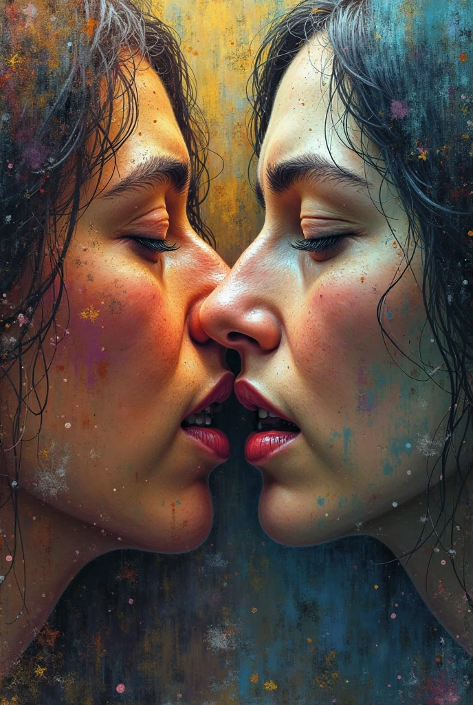 long black hair girl with glasses, small breasts, naked, dim lighting, gives blowjob to guy with penis doggy style, mouth full, cum on face, art by Bill Sienkiewicz, intricate details, oil painting.