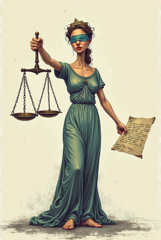 Goddess Themis with a sword in her left hand and the scales of justice in her right hand and blindfolded simple color drawing