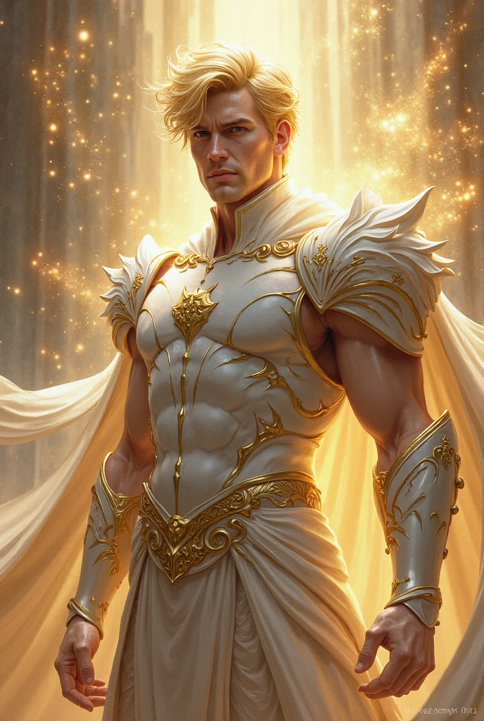 (solo, male), professional photograph of a 35yo male, wearing a (revealing) extravagant white cape, (penis), stubble, (iridescent gold, magic swirls, white ribbons), dynamic pose, white flowers, <lora:more_details:0.1>