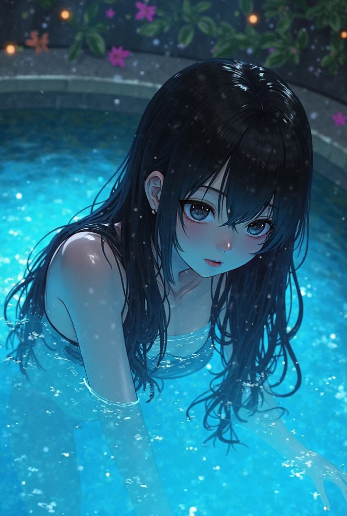 Please depict a girl playing a piano underwater in the silence of the night.
