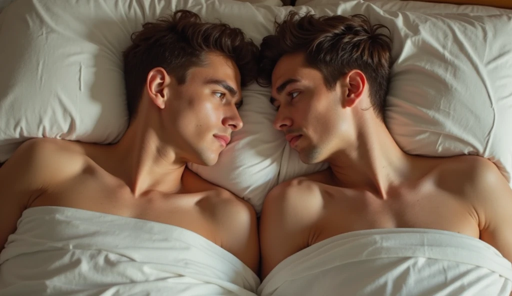 Young cute and handsome skinny white face beautiful soft skin 27 years old hitting the pillow with his brother in bed