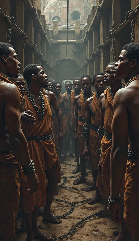 In a adwa museum piassa adis ababa city escape background, a poor man and a woman are bound with chains, while a second man, holding a scale of justice in one hand, attempts to cut their chains with the other hand, realistic paint, ethiopians people wear ethiopian cloth