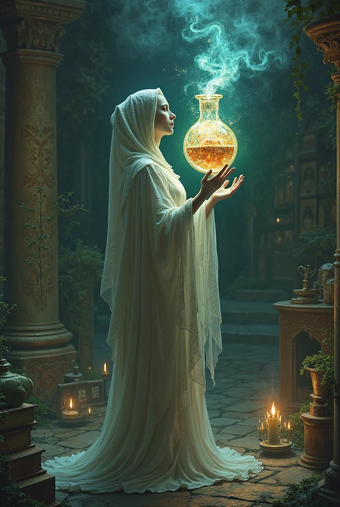 (((Goddess of Alchemy:1.4))), an ethereal and wise female figure, embodying the mystical art of alchemy, (flowing robes with intricate patterns of gold and silver, representing the merging of elements:1.2), (deep, luminous eyes glowing with knowledge:1.4), (((in her hands, she delicately holds a swirling cauldron of liquid gold, the essence of life:1.4))), ((before her, a complex alchemical apparatus, with bubbling liquids, glowing flasks, and steaming pots:1.3)), ((floating orbs of fire, water, earth, and air circling the cauldron, symbolizing the fusion of elemental forces:1.2)), (((pills forming within the cauldron, shimmering with light and ancient runes:1.4))), (a background of an ancient, mystical laboratory, filled with shelves of arcane ingredients, glowing herbs, and ancient tomes:1.2), (subtle rays of divine light highlighting her divine aura:1.2), (((her six arms display various stages of the pill refining process:1.4))), ((glowing runes and symbols surround her, representing the power of transformation:1.2)), (rich, vibrant colors of emerald green, sapphire blue, and ruby red enhancing the scene:1.2), (perfect image quality:1.4), (intricate details, sharp focus, and a dynamic, harmonious composition:1.2)