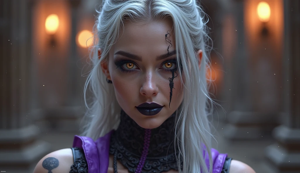 A woman, white hair, wearing bard clothes. Her eyes are purple
