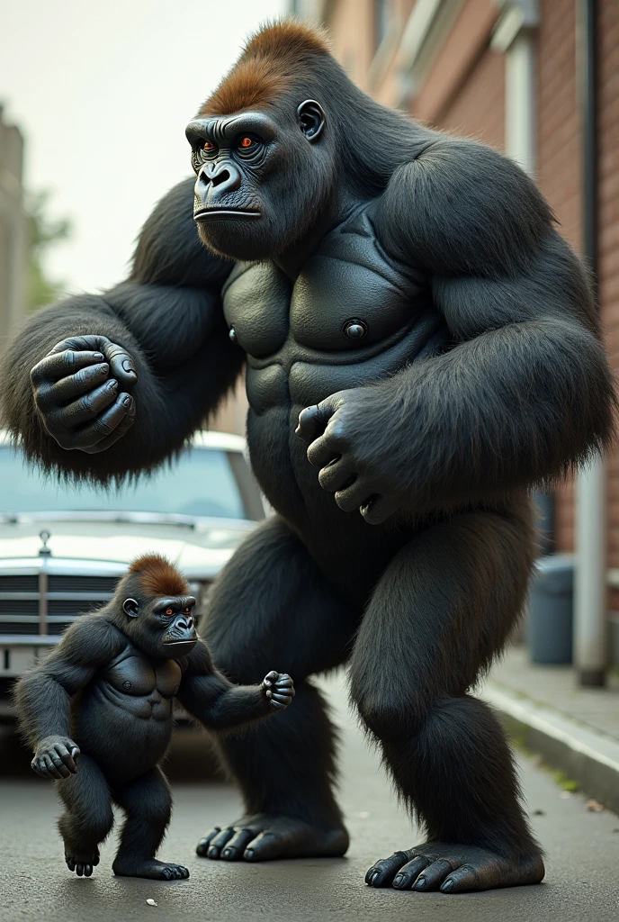 Gorilla muscular spiral neon light,whole body,Holding two baby gorillas