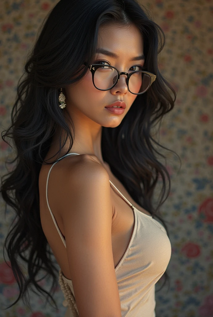 big breasted Indonesian girl with glasses wearing lingerie
