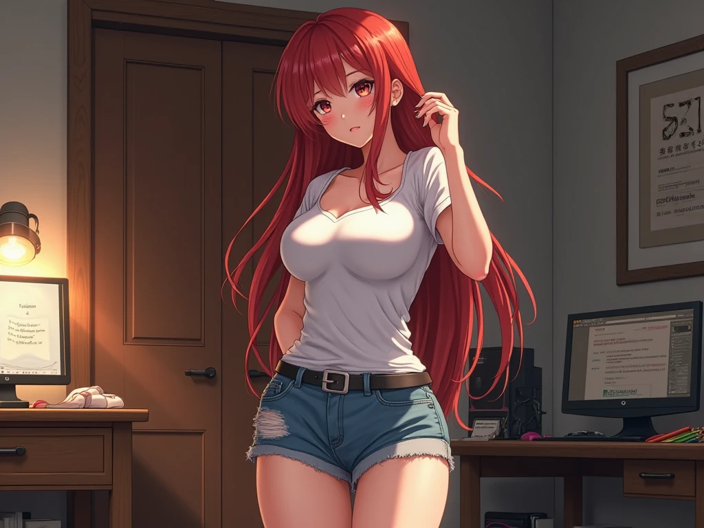 beautiful seductive attractive alluring anime teen girl with red hair and blue eyes posing on a desk, wearing only a very short t-shirt, transparent t-shirt, low-necked shirt t-shirt, laying down towards the camera, with no pants, with no underpants, bottom half body naked, with open legs, touching her breast with the right hand