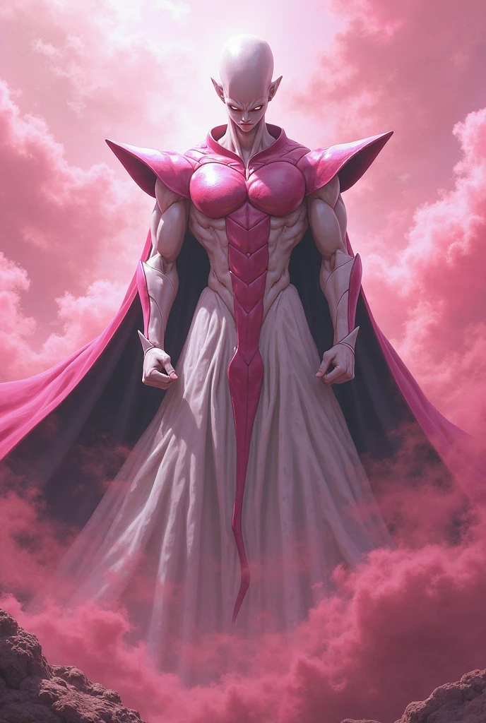 Red-skinned boy with a metal wheel on his forehead as a bandage, ankle-length pink hair, big, white eyes like saucers, as if they were two large lanterns but oval, no shirt, alone with an almost skeletal body