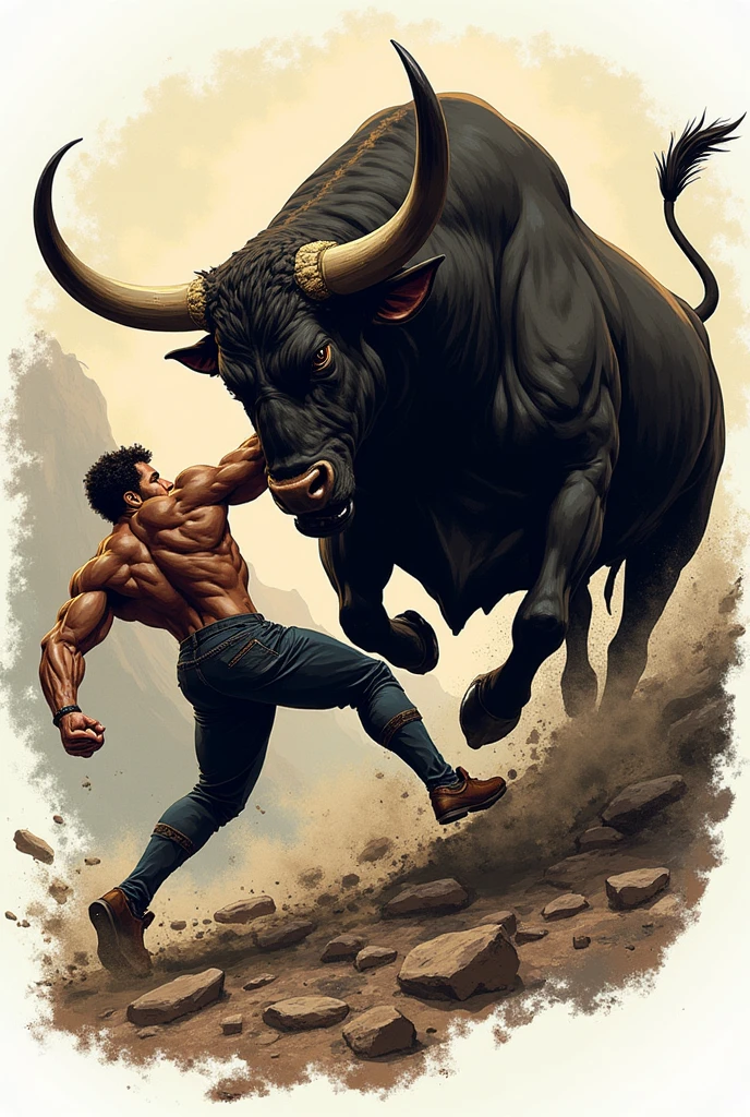 A pencil drawing of a bull tearing a man's face apart, very bloody and not so realistic, with its horn stuck in the man's face but much more bloody, and the bull's horn embedded in the man's face, and the drawing not so realistic