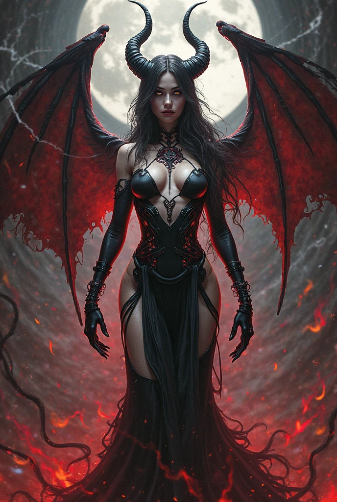 a woman with horns and blood on her body in a wet alley, beautiful succubus, succubus | medieval, succubus, diablo 4 lilith, demon girl, beautiful elegant demon queen, demon woman, lilith, demoness, succubus in tight short dress, queen of hell, villainess has black angel wings, diablo 4 queen, raven winged female vampire