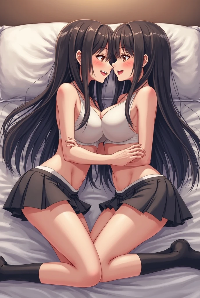 ((best photo quality))(4k)(masterpiece)Miku and her best friend are naked in bed. (and they are seen all) and the two best friends are face up and facing the camera