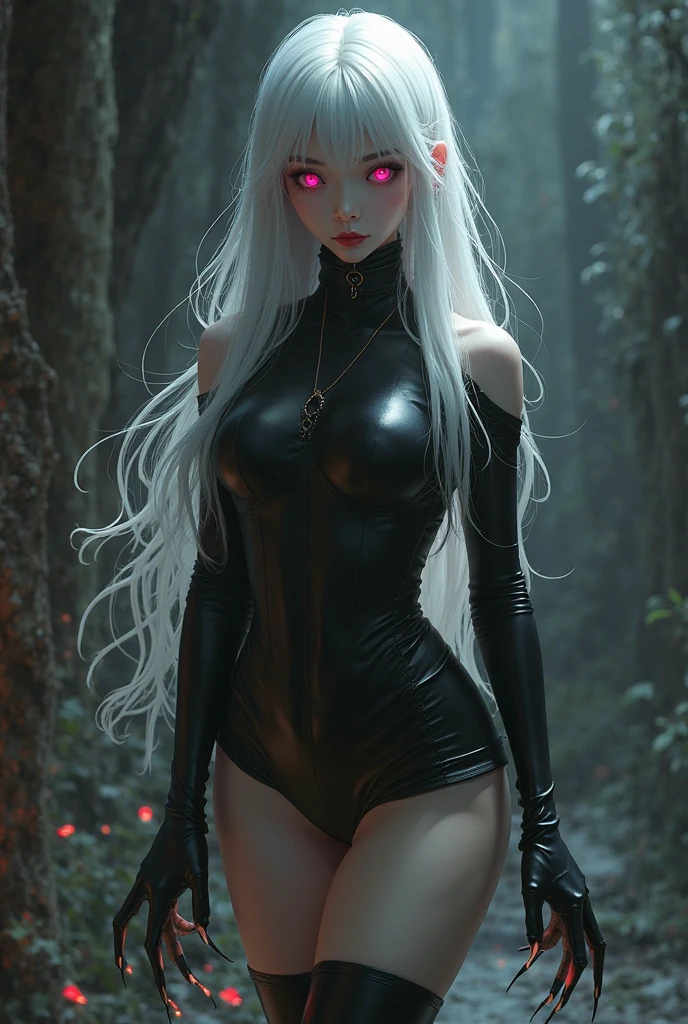 white hair. Curvy body and dainty limbs. Wears a bodysuit, shorts, thigh highs with cut out holes for her upper part of her foot and her heel, she doesn’t wear shoes or undergarments. C34 cup titties and thick thighs. Pink heart eyes. Horns and tail.