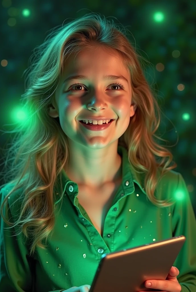 There's a meNINA KIDS BLONDIE holding a lamp in her hand, verde brilhante, brilho verde, green lighting, brilho verde, photo manipulation, Magia Verde, he is casting a lighting spell, luz verde, energia verde, neon verde, Aura verde, little girl with magical powers, amazing color photograph, Luz ambiente verde, brilho radioativo verde, photo - manipulation, amazing photo