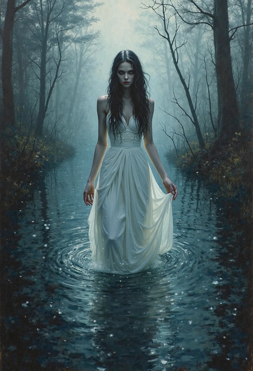 Paper reference : 1.8, exquisite details, high quality, exquisite execution, belle fille marchant le long de la surface de l'eau au crépuscule, dark mood, wet dress, dark background, river, stones, arbres secs, fille en wet dress, pieds nus, jambes nues, perdue, fille regardant, Torn clothes, Torn fabric, arriving at the shore after a shipwreck, shipwreck floating in the distance, homme wounded, blessures sur le corps, marchant et boitant, dans des lambeaux de robe et de Torn fabric, une fille grièvement woundede qui peut à peine marcher, homme allongé sur le sol, blessures sur le corps, asleep, wounded